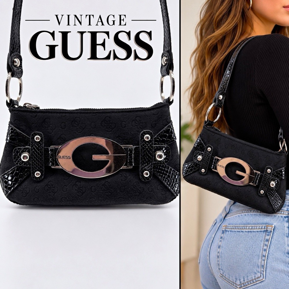 GUESS Y2K Black Monogram Baguette Shoulder Bag Large G Logo Pink Lined Vintage